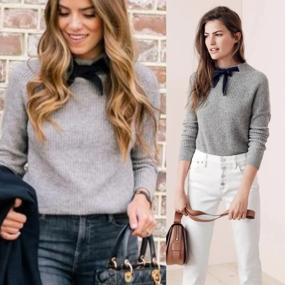J. Crew Gayle Gray Knit Black Bow-Tie Mockneck Drop-Shoulder Pull-over Sweater